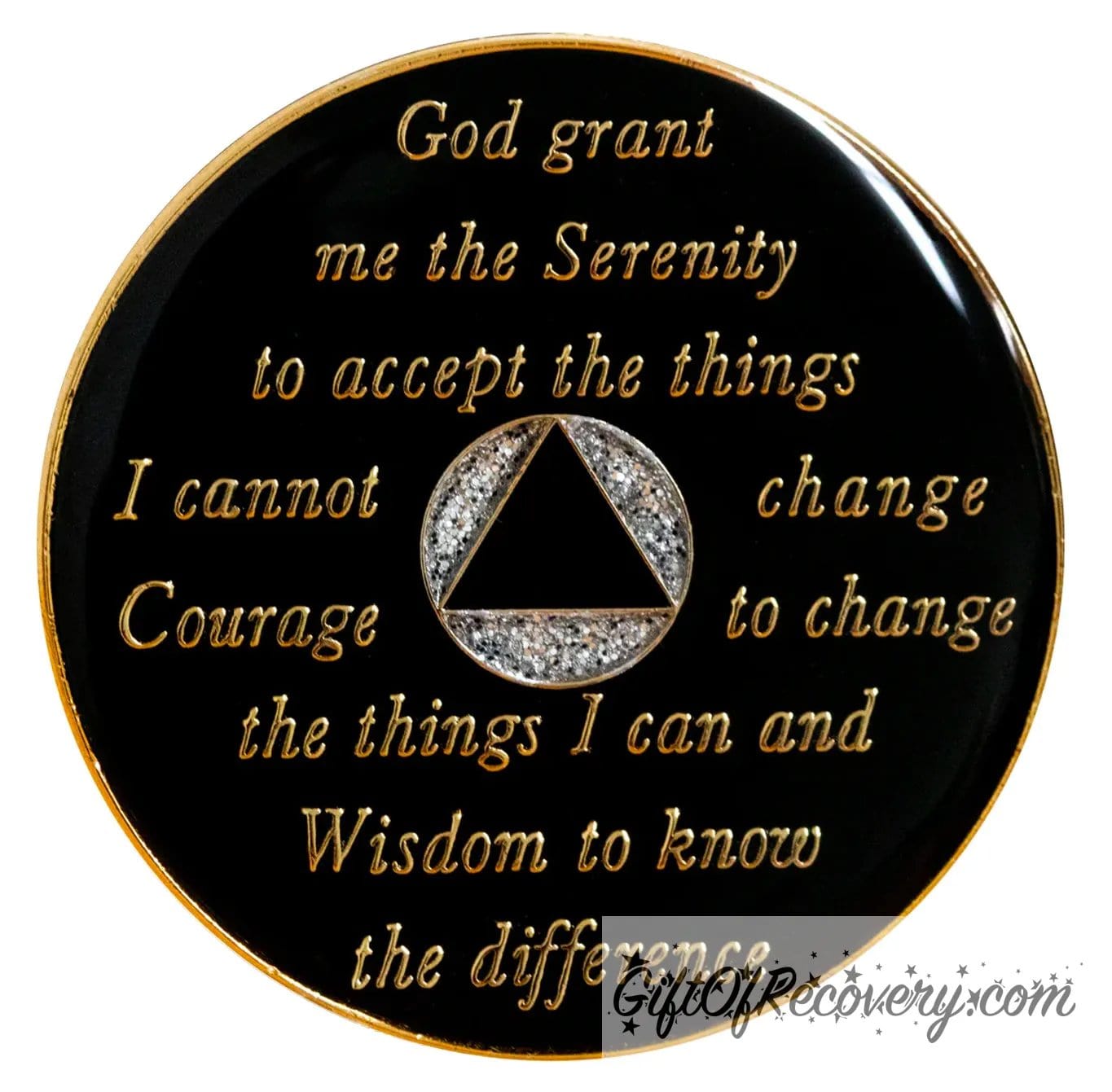 Back of glitter silver AA recovery medallion is black with the circle is silver glitter and triangle black and has the serenity prayer, outer rim, and the circle triangle in the center 14k gold-plated brass, the recovery medallion is sealed with resin for a shiny finish.