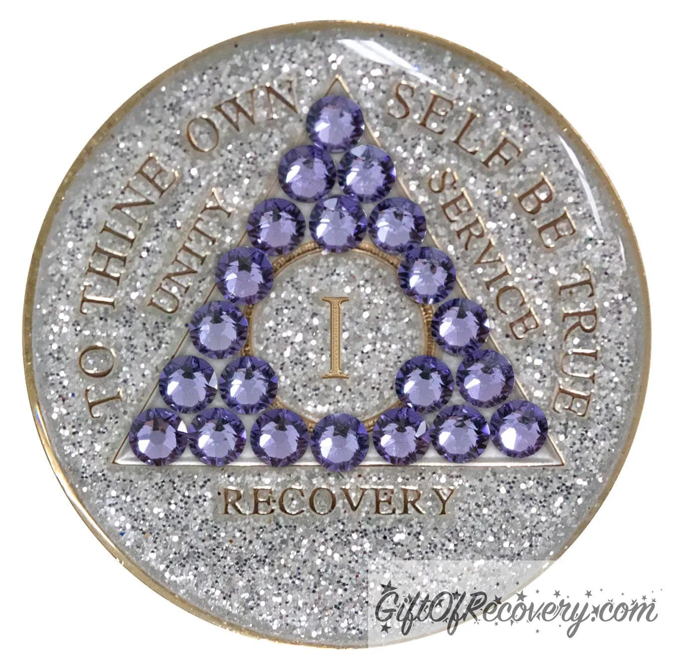 1 year AA medallion silver glitter with 21 purple genuine crystals in the shape of a triangle, to thine own self be true, unity, service, recovery, and roman numeral are embossed with 14k gold-plated brass, sealed in a high-quality, chip and scratch-resistant resin dome giving it a beautiful glossy look that will last.