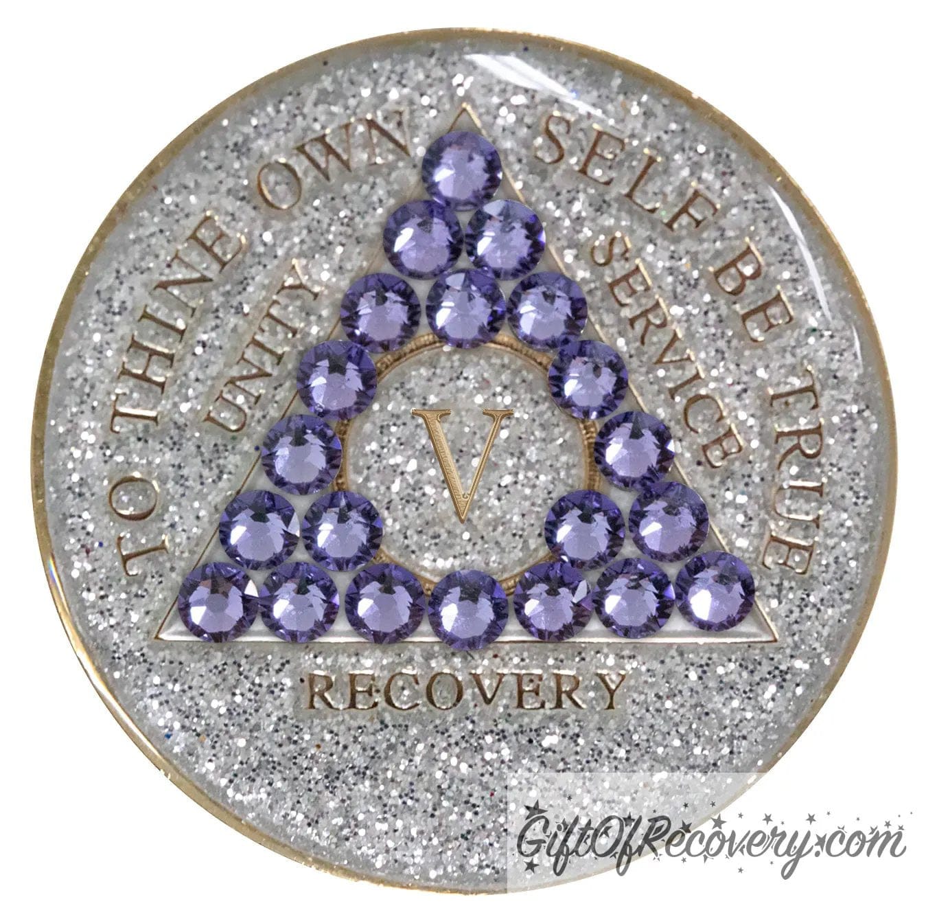 5 year AA medallion silver glitter with 21 purple genuine crystals in the shape of a triangle, to thine own self be true, unity, service, recovery, and roman numeral are embossed with 14k gold-plated brass, sealed in a high-quality, chip and scratch-resistant resin dome giving it a beautiful glossy look that will last.