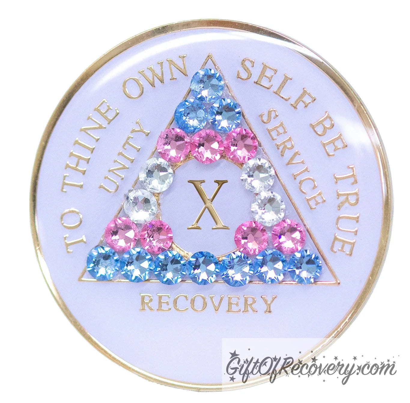 10 Year AA medallion pearl white with 21 genuine crystals that are the colors of the Transgender flag, to represent sobriety and pride for who you are, AA slogan and three legacies are embossed with 14k gold-plated brass and recovery medallion is sealed with resin for a glossy finish.