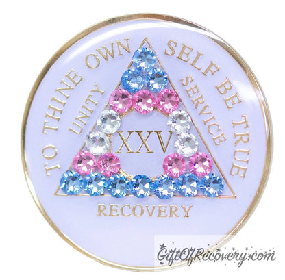 25 Year AA medallion pearl white with 21 genuine crystals that are the colors of the Transgender flag, to represent sobriety and pride for who you are, AA slogan and three legacies are embossed with 14k gold-plated brass and recovery medallion is sealed with resin for a glossy finish.