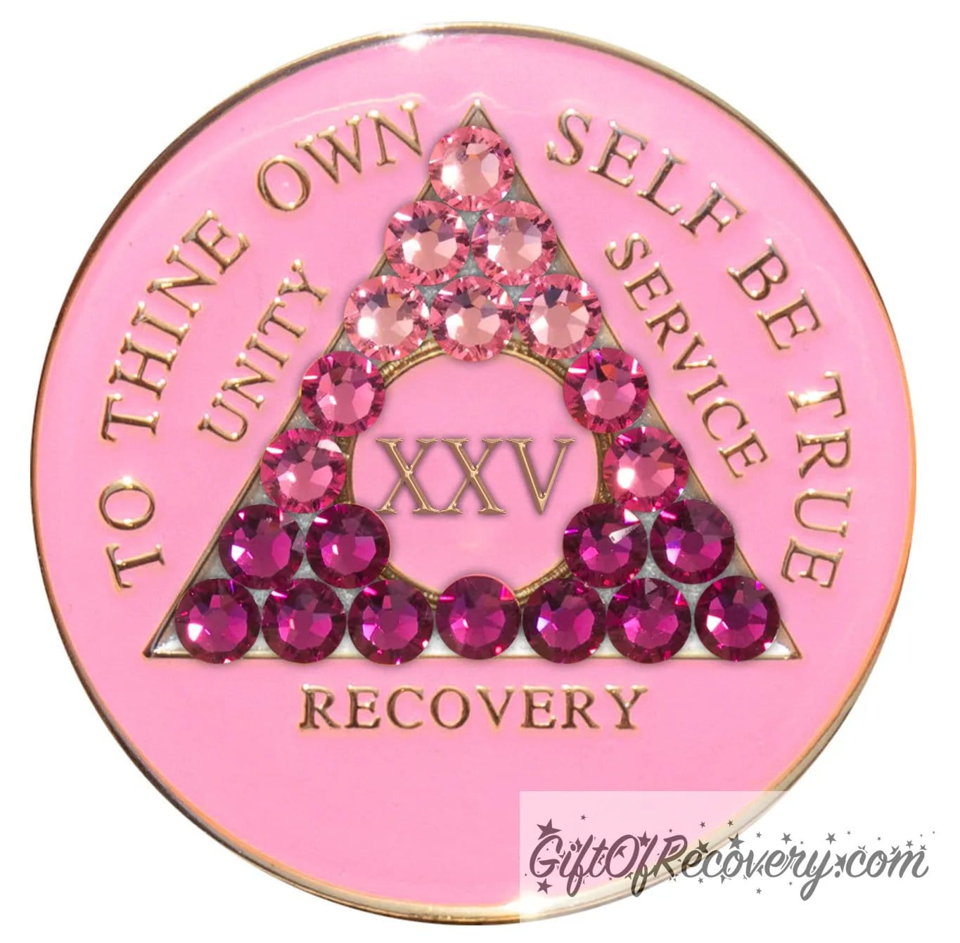 25 year AA medallion princess pink with 21 genuine crystals ranging from dark to light pink in the shape of the triangle in the center to emphasize the transformation in the recovery journey, to thine own self be true, roman number, unity, service recovery are embossed in 14k gold-plated brass, the middle circle is sparkle green and the recovery medallion is sealed in resin for a shiny finish that lasts.