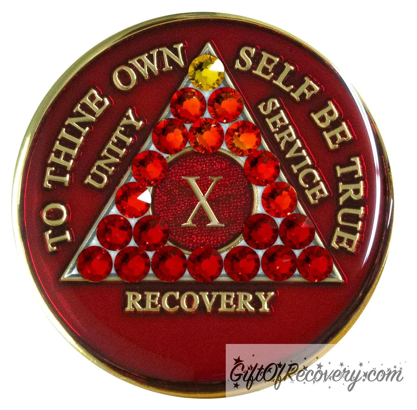 10 year AA medallion ruby red adorned with 21 genuine crystals ranging from dark red to 1 yellow crystal as a symbol of transition of growth in the program, to thine own self be true, unity, service, and recovery are embossed with 14k gold-plated brass and the recovery medallion is sealed with resin for a lasting finish.