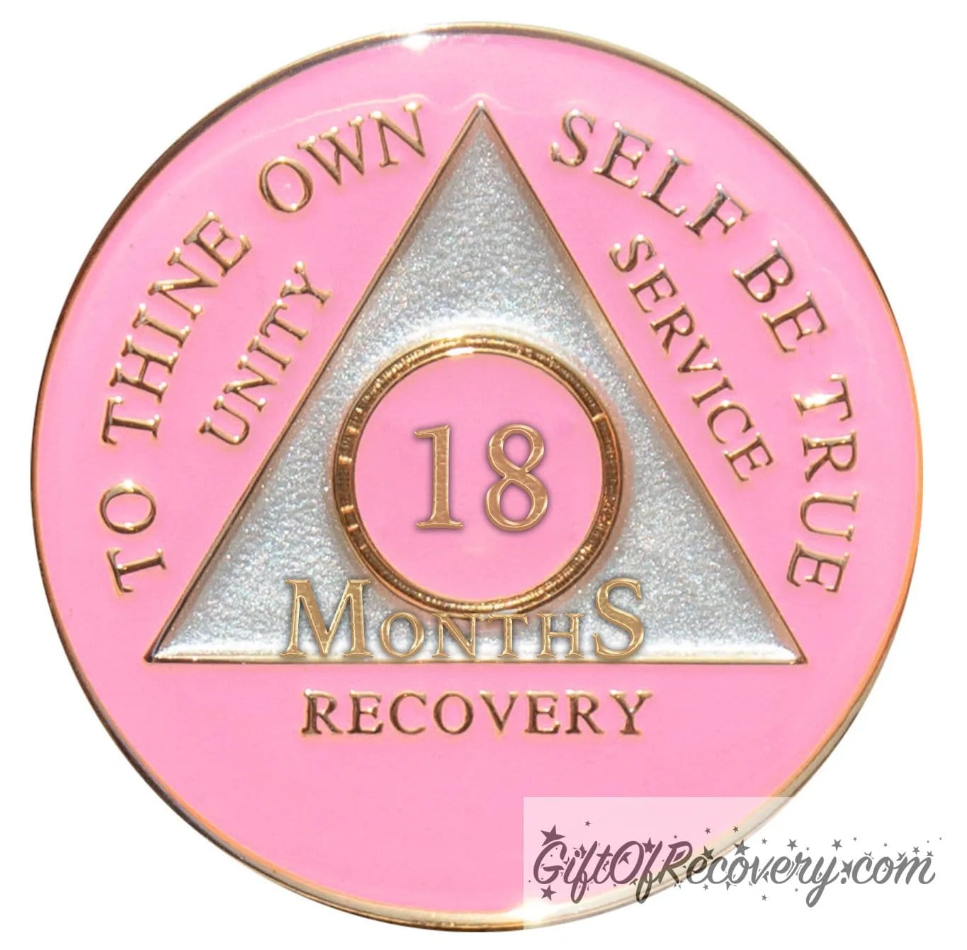 18 months AA medallion Princess pink, the ultimate girl medallion, show off your feminine side, triangle is pearl white, to thine own self be true, unity, service, recovery, and roman numeral are embossed with 14k gold-plated brass, the recovery medallion is sealed with resin for a glossy finish that will last and is scratch free.