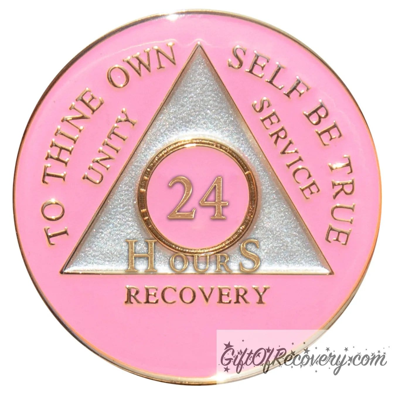 24 Hours AA medallion Princess pink, the ultimate girl medallion, show off your feminine side, triangle is pearl white, to thine own self be true, unity, service, recovery, and roman numeral are embossed with 14k gold-plated brass, the recovery medallion is sealed with resin for a glossy finish that will last and is scratch free.