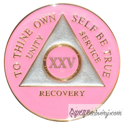 25 year AA medallion Princess pink, the ultimate girl medallion, show off your feminine side, triangle is pearl white, to thine own self be true, unity, service, recovery, and roman numeral are embossed with 14k gold-plated brass, the recovery medallion is sealed with resin for a glossy finish that will last and is scratch free.