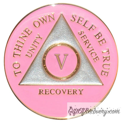 5 year AA medallion Princess pink, the ultimate girl medallion, show off your feminine side, triangle is pearl white, to thine own self be true, unity, service, recovery, and roman numeral are embossed with 14k gold-plated brass, the recovery medallion is sealed with resin for a glossy finish that will last and is scratch free.