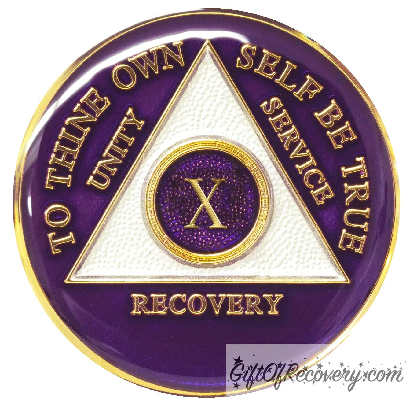 10 year AA medallion Amethyst purple, recovery is possible, triangle is pearl white, to thine own self be true, unity, service, recovery, and roman numeral are embossed with 14k gold-plated brass, the recovery medallion is sealed with resin for a glossy finish that will last and is scratch free.