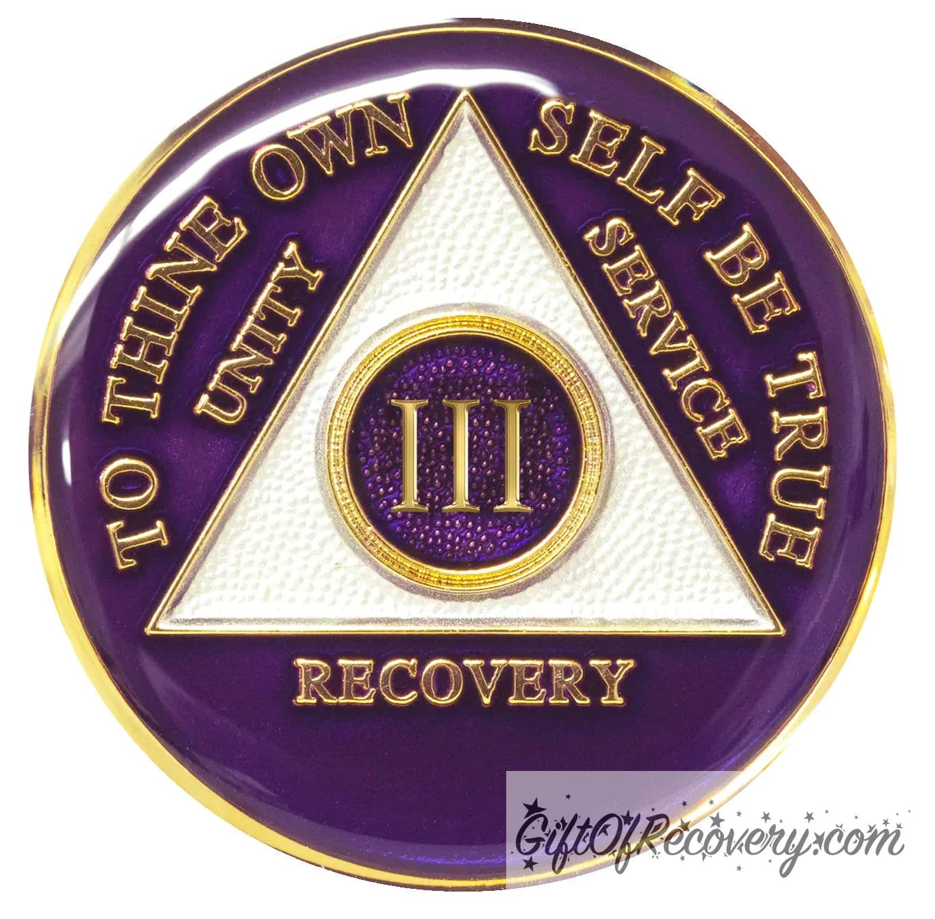 3 year AA medallion Amethyst purple, recovery is possible, triangle is pearl white, to thine own self be true, unity, service, recovery, and roman numeral are embossed with 14k gold-plated brass, the recovery medallion is sealed with resin for a glossy finish that will last and is scratch free.