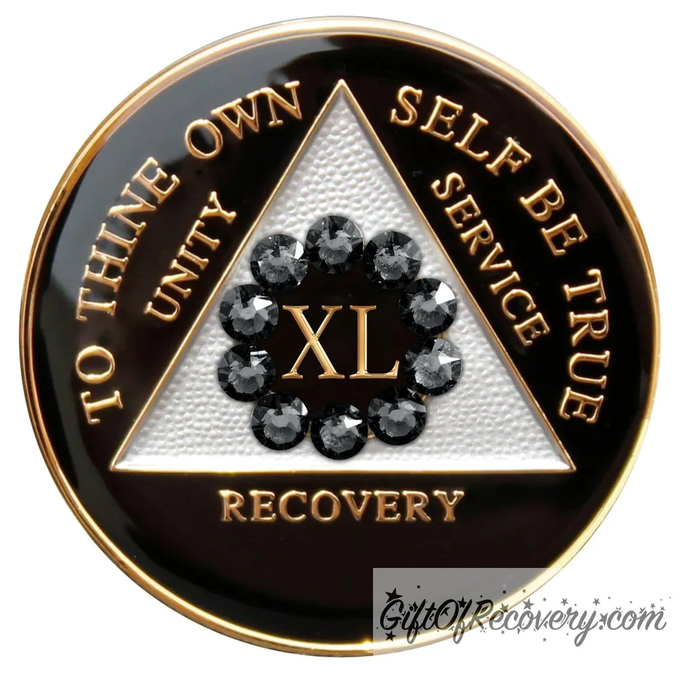 40 Year AA medallion black onyx with white triangle and 10 genuine black crystals around the number to symbolize our unity in the program, AA moto and 3 legacies are embossed with 14k gold-plated brass and it is sealed with resin for a glossy finish.