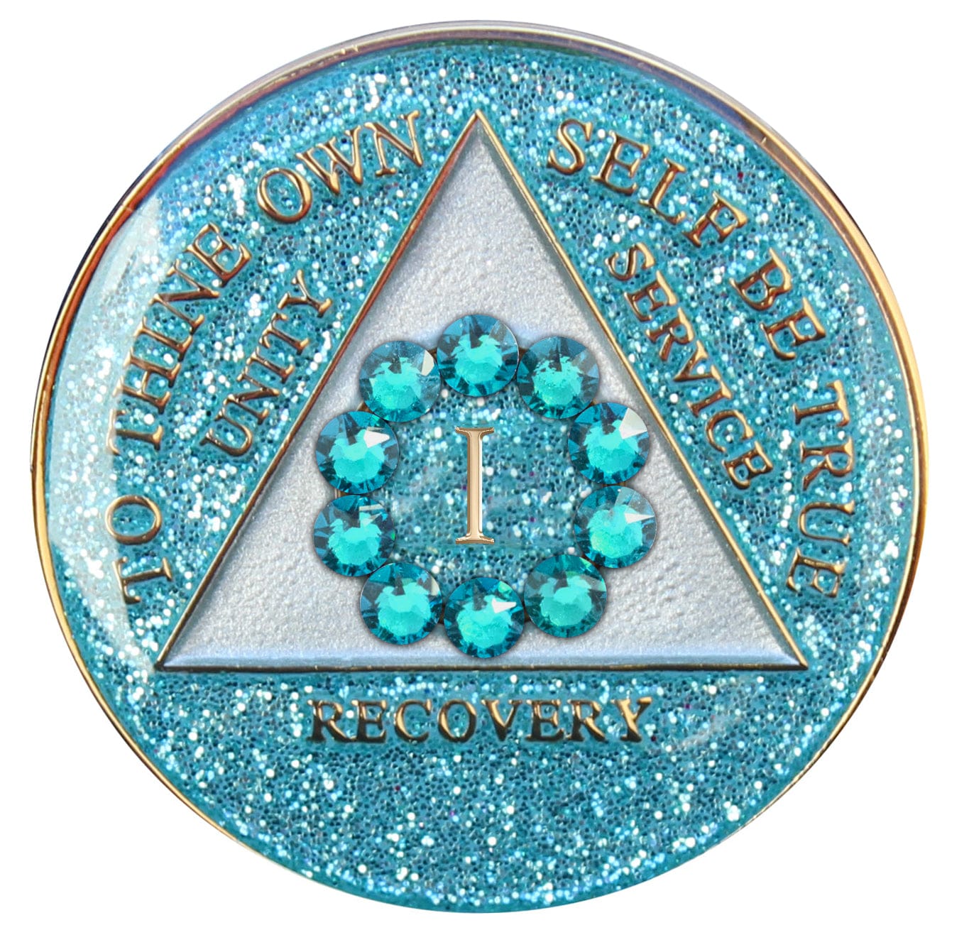 1 year AA medallion Aquamarine glitter with 12 blue zircon genuine crystals in a circle around the roman numeral to represent unity, the legacy that binds us, the AA moto is embossed with 14k gold-plated brass and sealed with resin for a glossy finish that is scratch proof and will last.