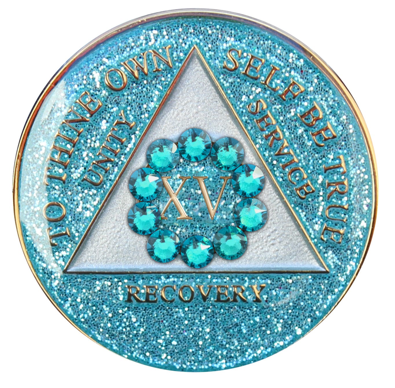 15 year AA medallion Aquamarine glitter with 12 blue zircon genuine crystals in a circle around the roman numeral to represent unity, the legacy that binds us, the AA moto is embossed with 14k gold-plated brass and sealed with resin for a glossy finish that is scratch proof and will last.