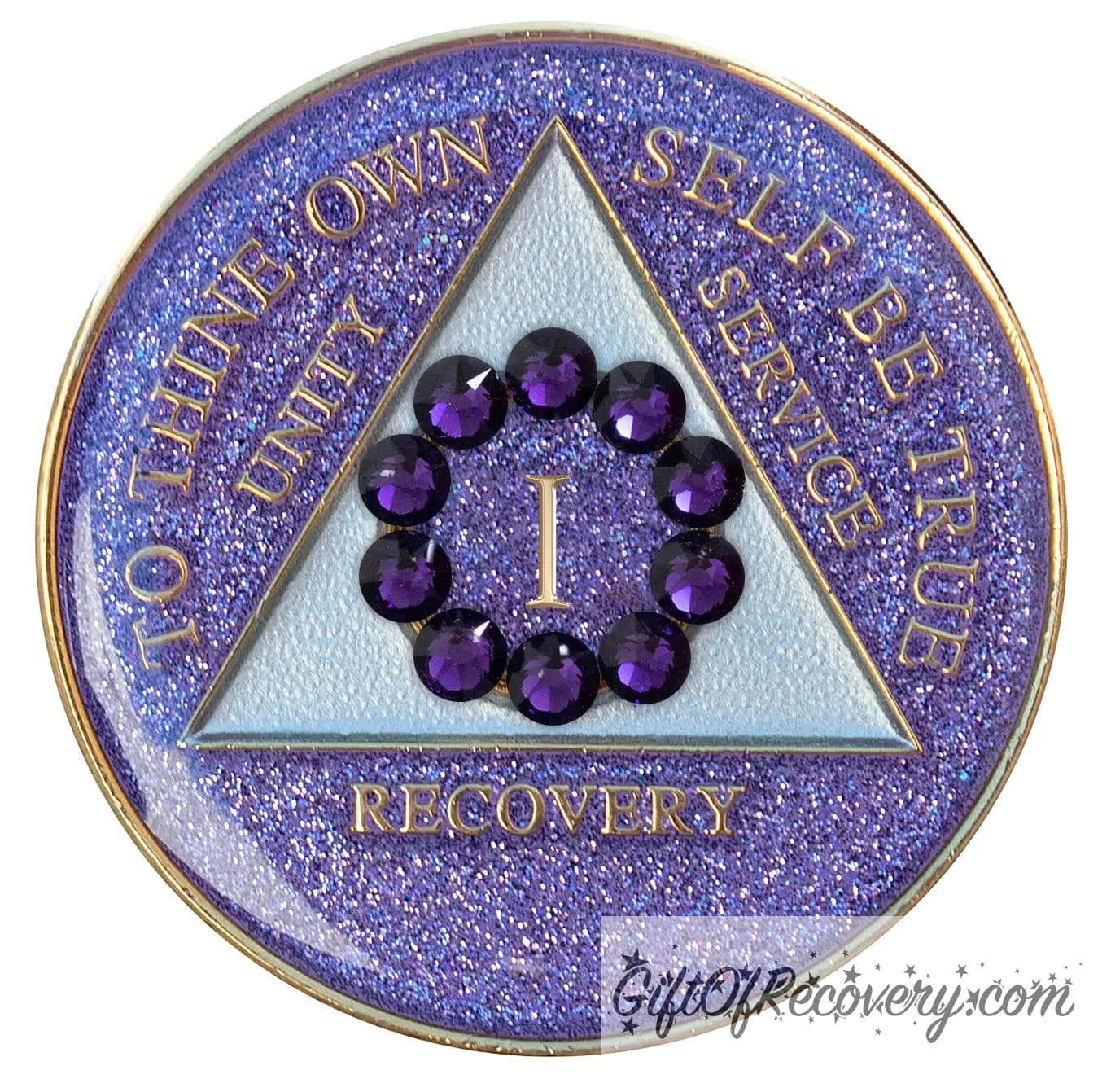 1 year AA medallion purple glitter Amethyst with 10 purple genuine crystals that form a circle to represent unity that binds us in recovery, around the roman numeral, to thine own self be true, unity, service, recovery embossed with 14k gold-plated brass, triangle is pearl white, sealed with resin for a shiny finish.