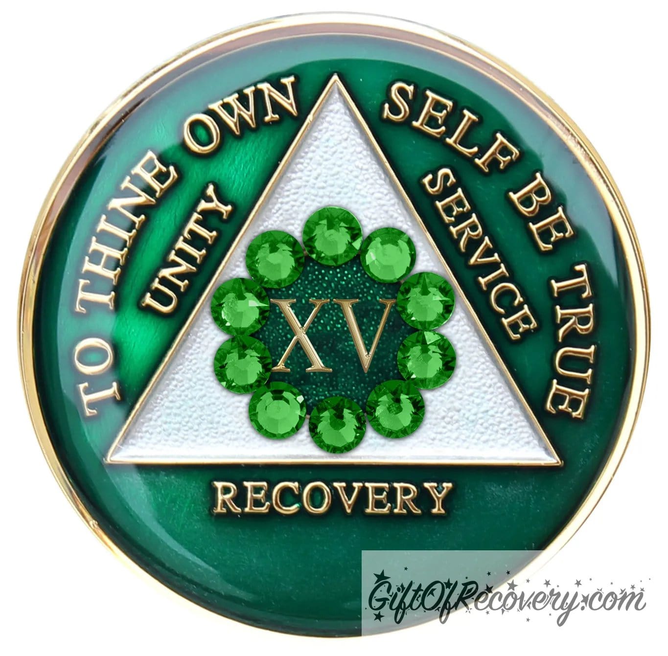 15 year AA medallion Emerald green with 10 green CZ crystals that make a circle around the roman numeral, to symbolize unity, the legacy that binds us, AA slogan and three legacies are embossed with 14k gold-plated brass and sealed for a glossy finish that will last.