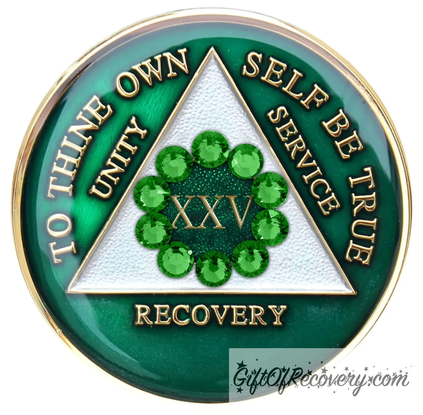 25 year AA medallion Emerald green with 10 green CZ crystals that make a circle around the roman numeral, to symbolize unity, the legacy that binds us, AA slogan and three legacies are embossed with 14k gold-plated brass and sealed for a glossy finish that will last.