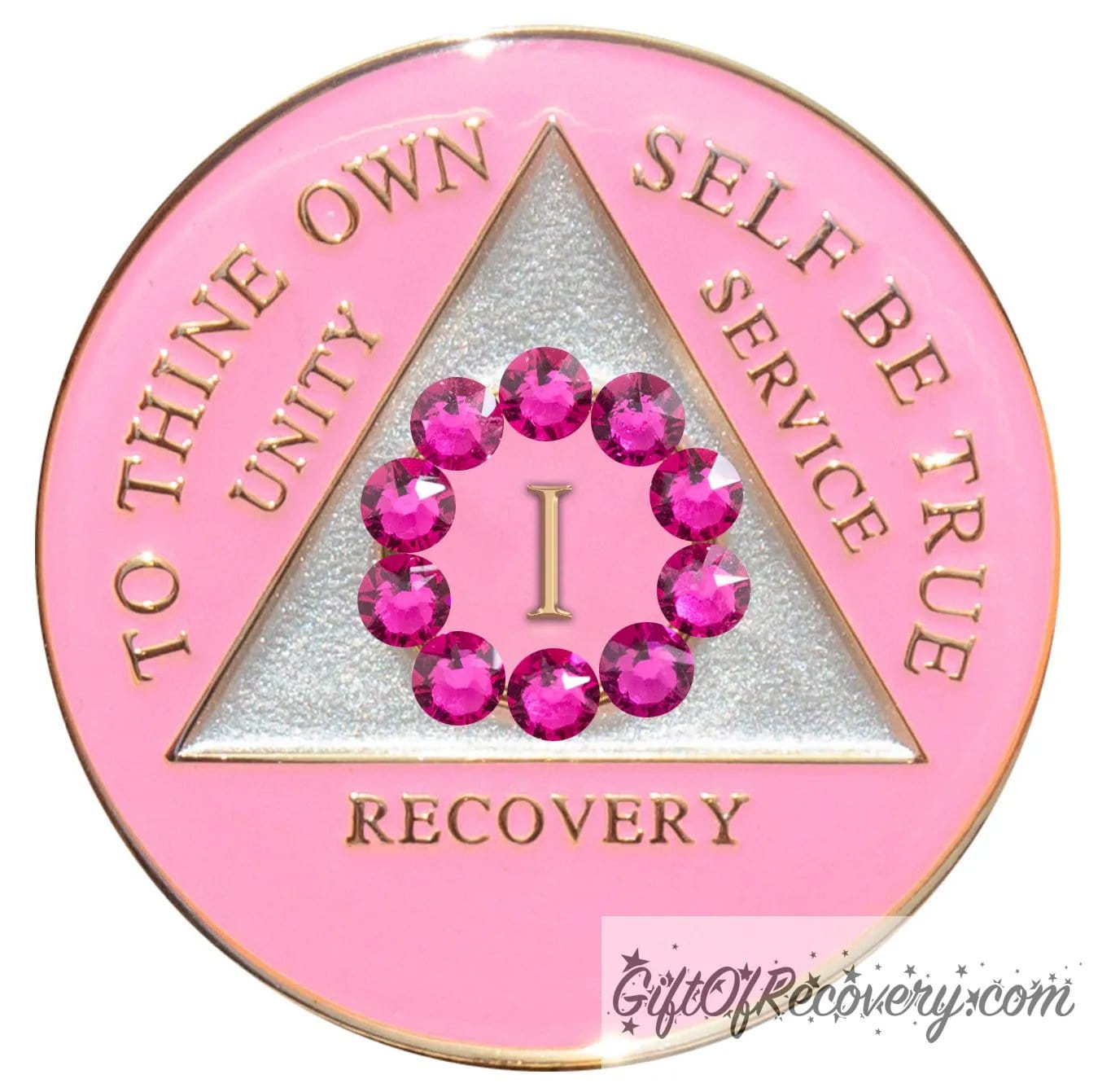 1 Year AA medallion princess pink with 10 fuchsia CZ genuine crystals in a circle around the roman numeral symbolizing unity from working the program it is the legacy that binds us, the triangle is pearl white, AA slogan and 3 legacies are embossed with 14k gold-plated brass, sealed with resin for a lasting finish.