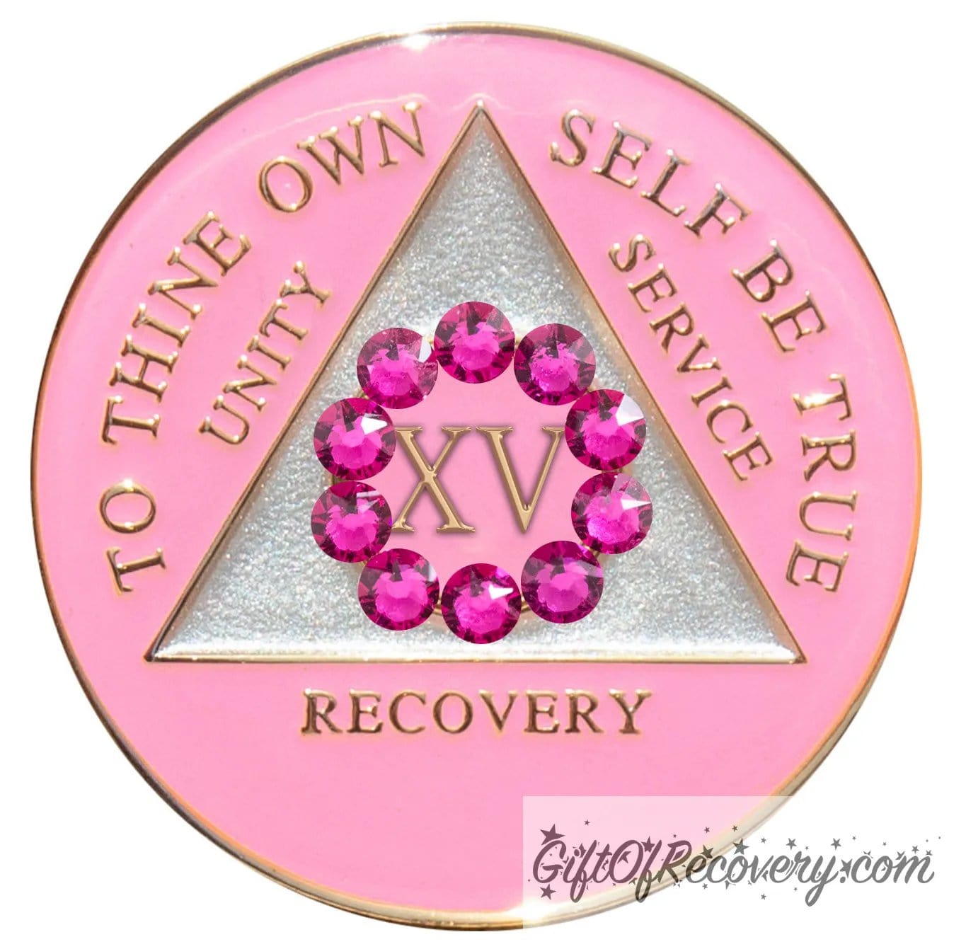 15 Year AA medallion princess pink with 10 fuchsia CZ genuine crystals in a circle around the roman numeral symbolizing unity from working the program it is the legacy that binds us, the triangle is pearl white, AA slogan and 3 legacies are embossed with 14k gold-plated brass, sealed with resin for a lasting finish.