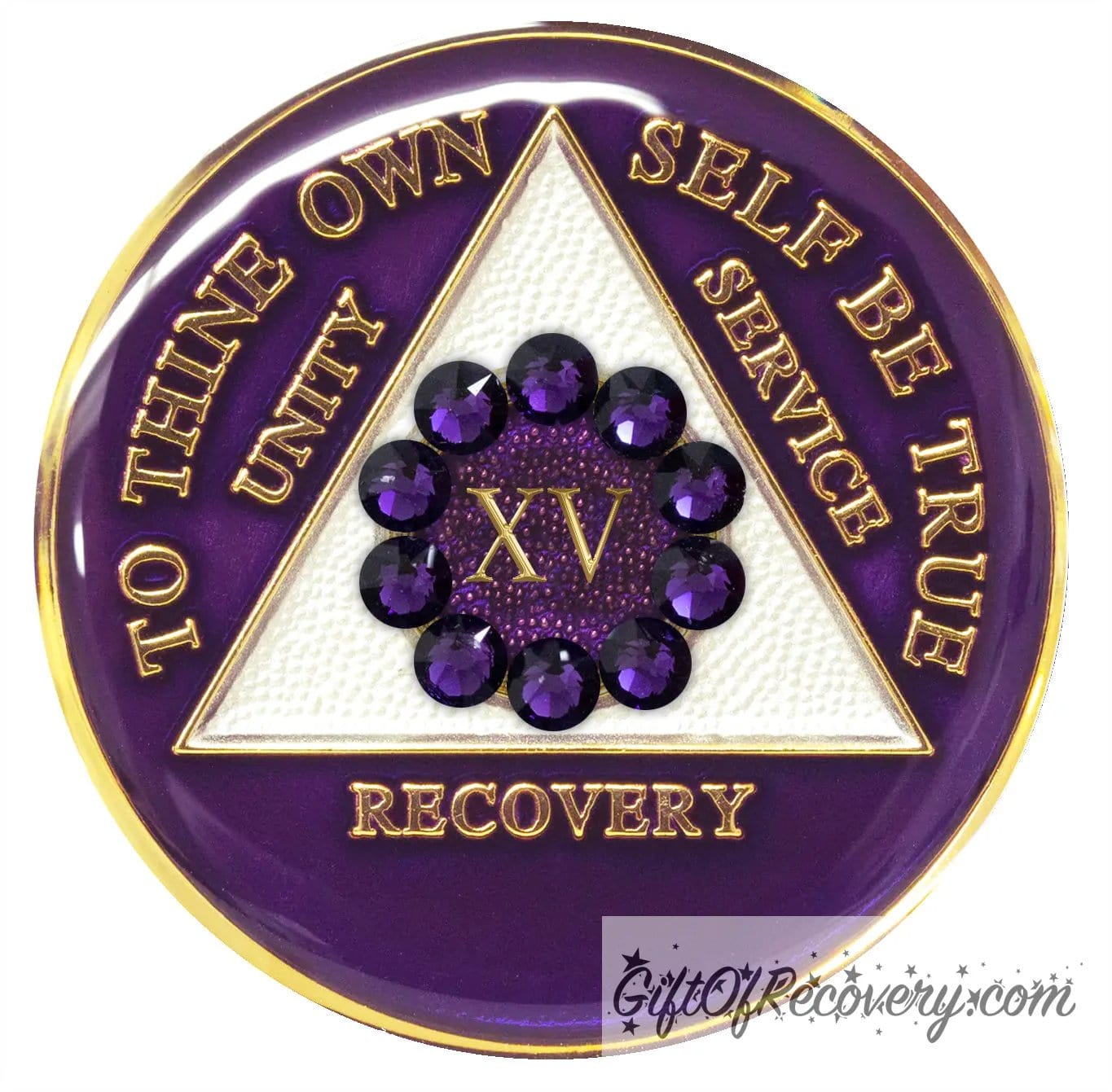 15 year AA medallion purple amethyst, adorned with 10 genuine purple crystals in a circle around the roman numeral to symbolize unity in the program, the triangle is pearl white and the AA moto is embossed with 14k gold-plated brass, sealed with resin for a shiny finish that will last and scratch proof.