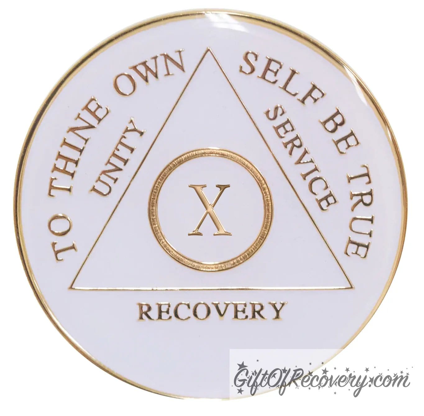 10 year AA medallion pearl white, to symbolize getting a new clean slate in recovery, triangle is pearl white, to thine own self be true, unity, service, recovery, and roman numeral are embossed with 14k gold-plated brass, the recovery medallion is sealed with resin for a glossy finish that will last and is scratch free.