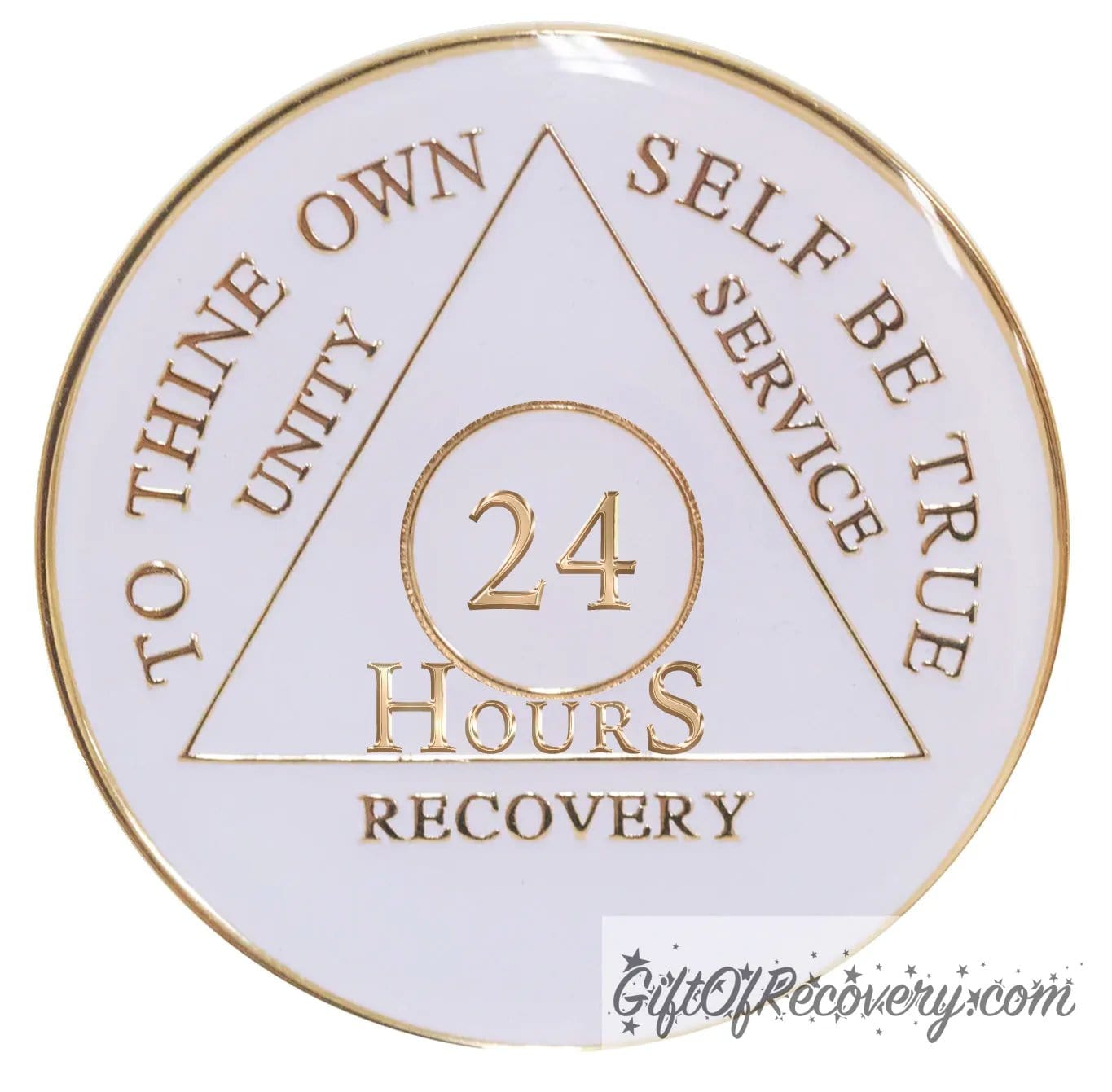 24 Hours AA medallion pearl white, to symbolize getting a new clean slate in recovery, triangle is pearl white, to thine own self be true, unity, service, recovery, and roman numeral are embossed with 14k gold-plated brass, the recovery medallion is sealed with resin for a glossy finish that will last and is scratch free.