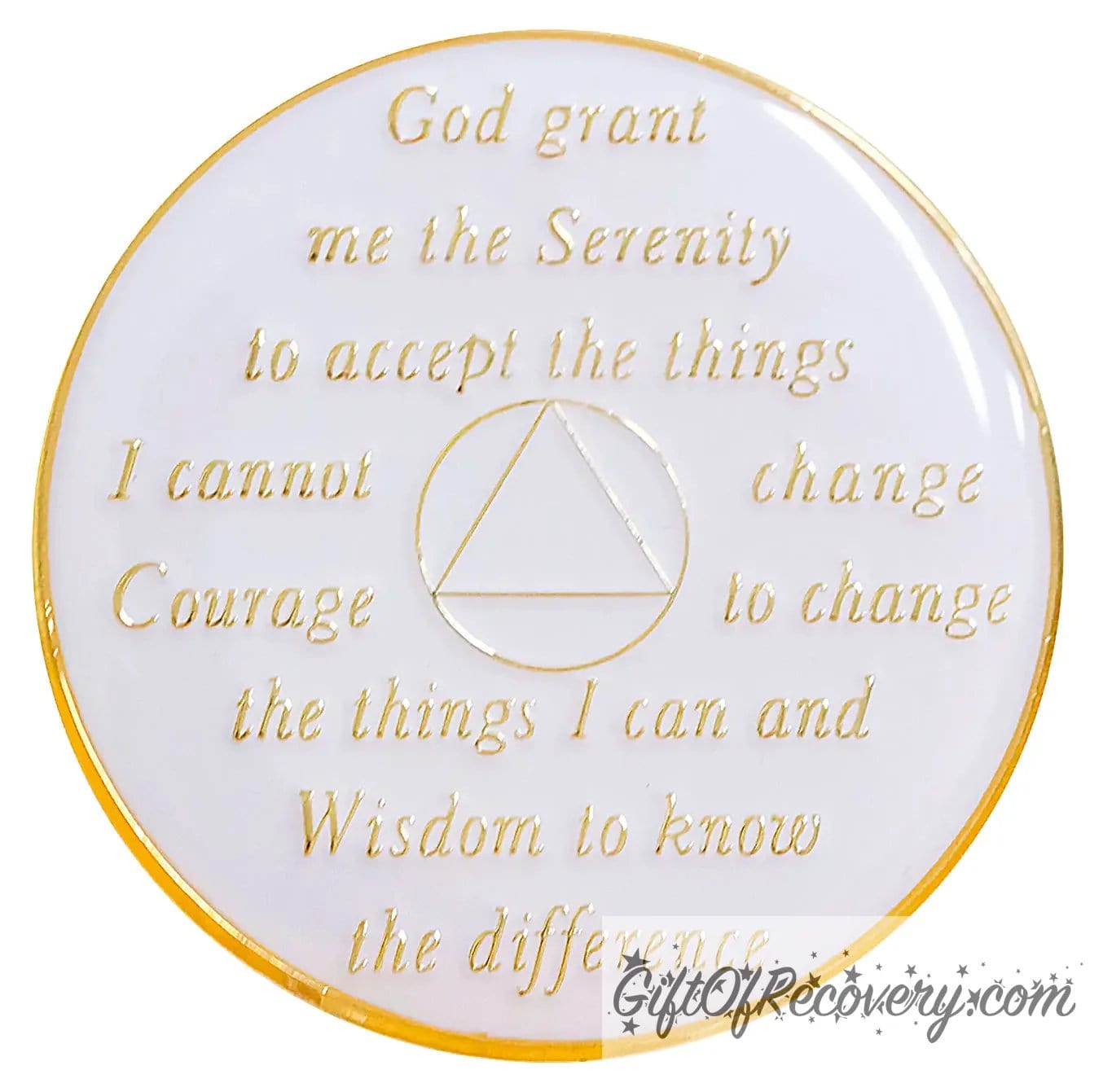 Back of pearl white, AA recovery medallion is white with the serenity prayer, outer rim, and the circle triangle in the center 14k gold-plated brass, the recovery medallion is sealed with resin for a shiny finish.