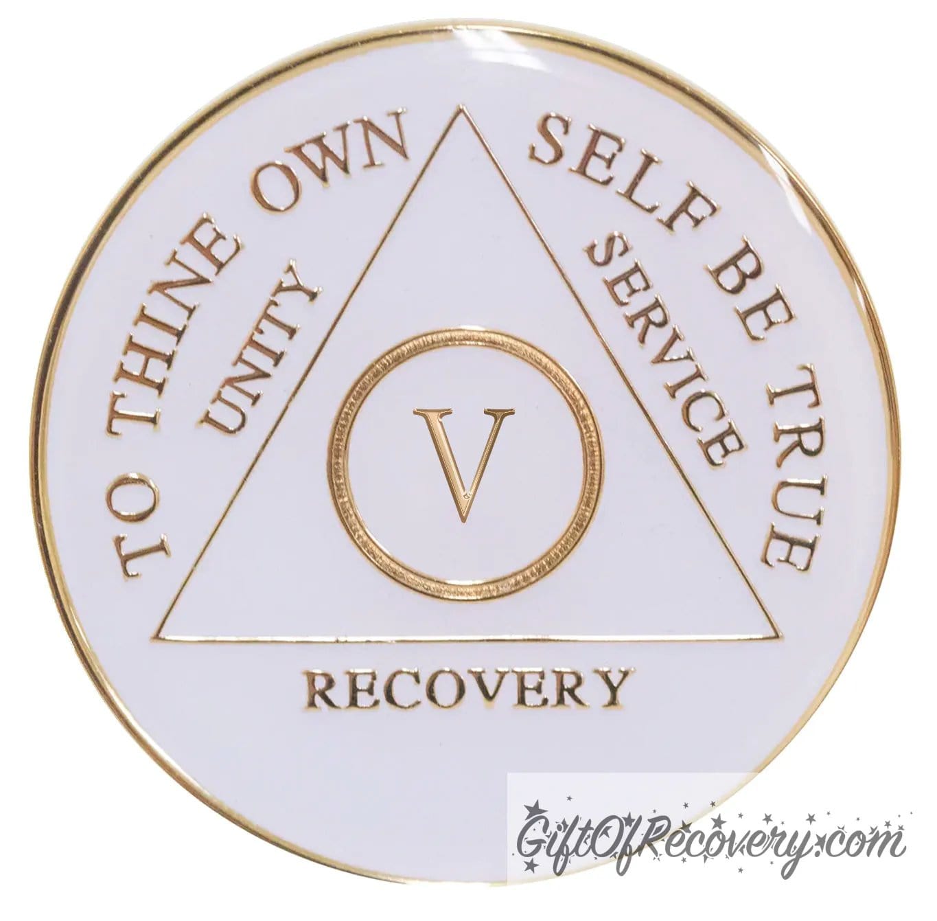 5 year AA medallion pearl white, to symbolize getting a new clean slate in recovery, triangle is pearl white, to thine own self be true, unity, service, recovery, and roman numeral are embossed with 14k gold-plated brass, the recovery medallion is sealed with resin for a glossy finish that will last and is scratch free.