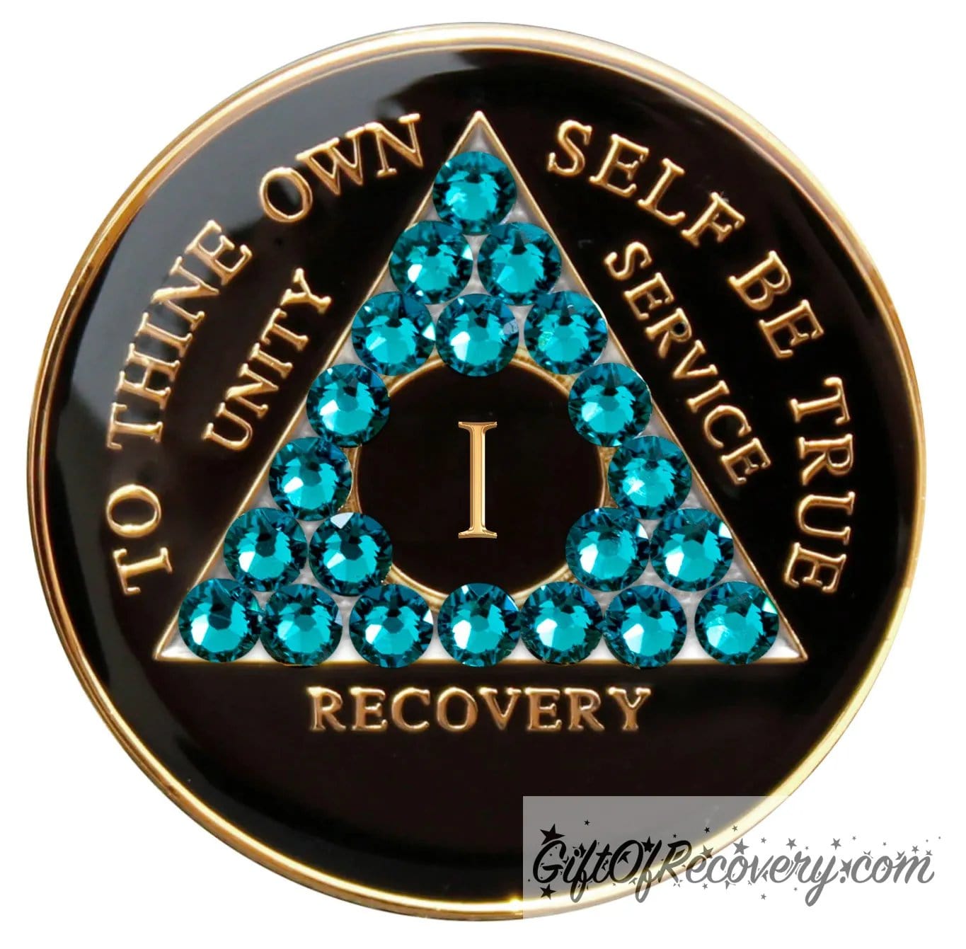 1 Year Recovery Medallion Black Onyx with twenty-one Blue zircon crystals in the shape of the triangle, with to thine own self be true, roman numeral, and unity, service, recovery embossed with 14k Gold-plated brass and sealed with resin for a glossy shine that is scratch resistant. 