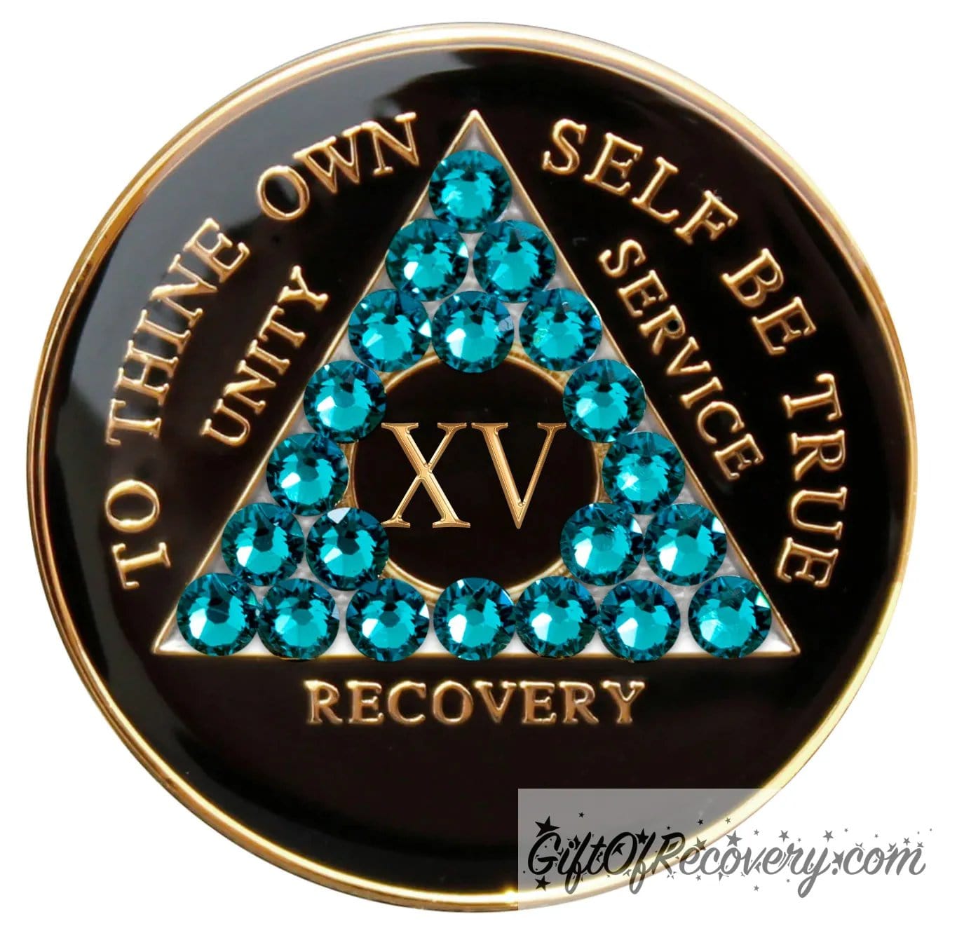 15 Year Recovery Medallion Black Onyx with twenty-one Blue zircon crystals in the shape of the triangle, with to thine own self be true, roman numeral, and unity, service, recovery embossed with 14k Gold-plated brass and sealed with resin for a glossy shine that is scratch resistant.