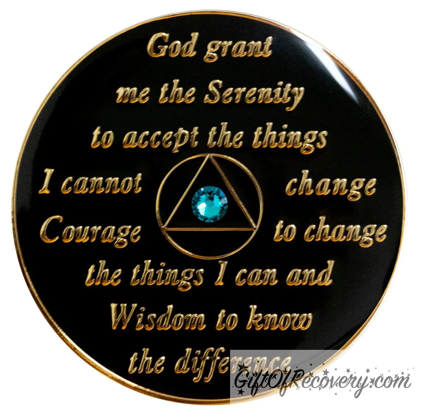 Back of black zircon AA medallion in black onyx, with serenity prayer and symbol in 14k gold, with one blue zircon genuine crystal in the center of the triangle.