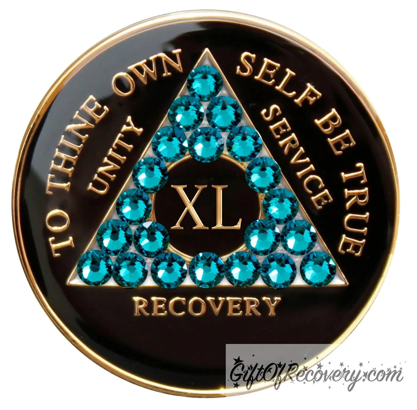 40 Year Recovery Medallion Black Onyx with twenty-one Blue zircon crystals in the shape of the triangle, with to thine own self be true, roman numeral, and unity, service, recovery embossed with 14k Gold-plated brass and sealed with resin for a glossy shine that is scratch resistant.