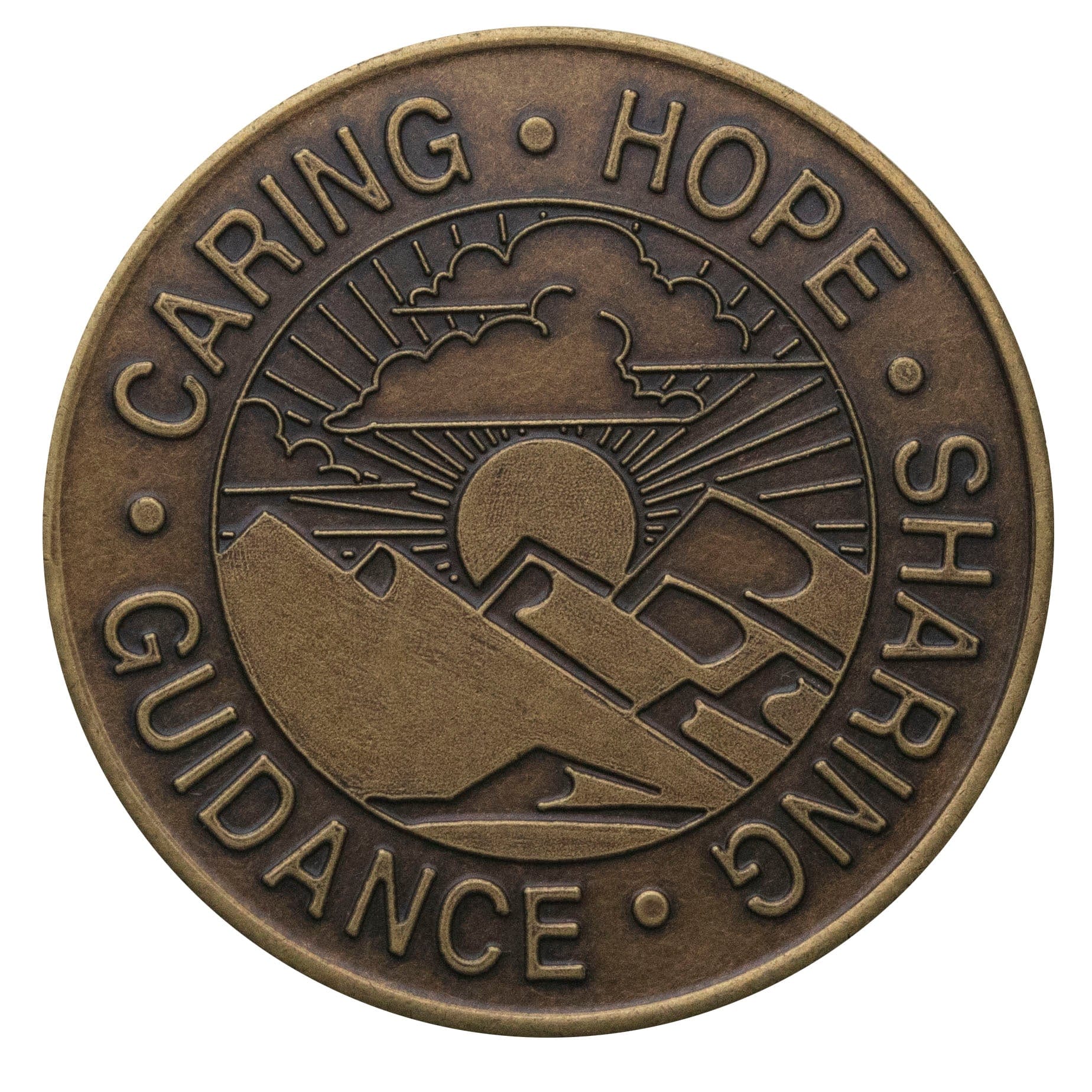 Recovery medallion Sponsorship Bronze, with a scenic picture in the center and caring, hope, guidance, and sharing going around the outside of the circle.