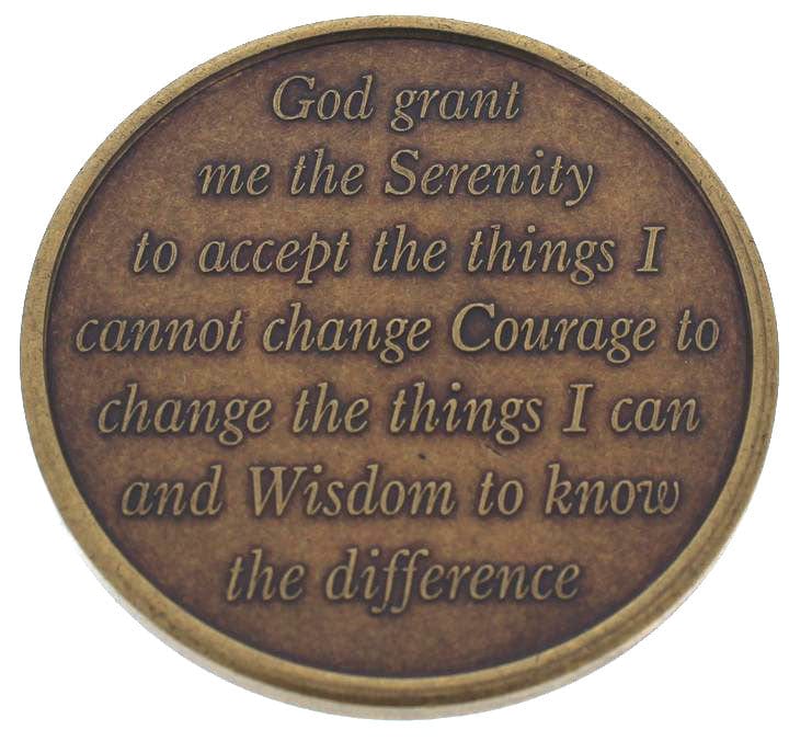 Back of Sponsorship Bronze recovery medallion with the serenity prayer. 