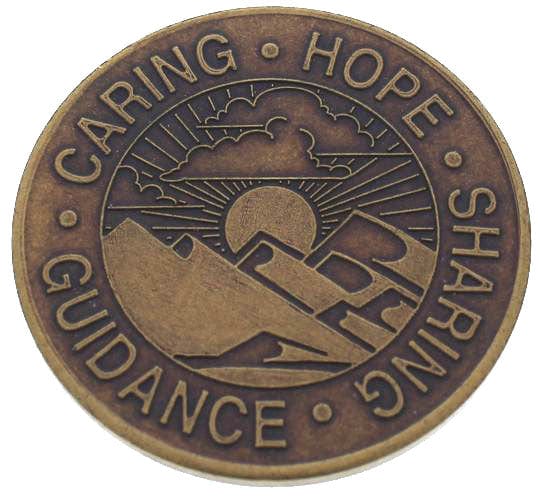 Recovery medallion Sponsorship Bronze, with a scenic picture in the center and caring, hope, guidance, and sharing going around the outside of the circle.