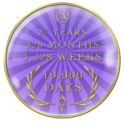 Back of 10,000 days AA medallion with light and dark purple rays, AA symbol at the top, 27 years, 328 months, 1,428 weeks 10,000 days in the center, and a torch trophy with Greek leaves at the bottom, sealed with resin for a glossy finish.