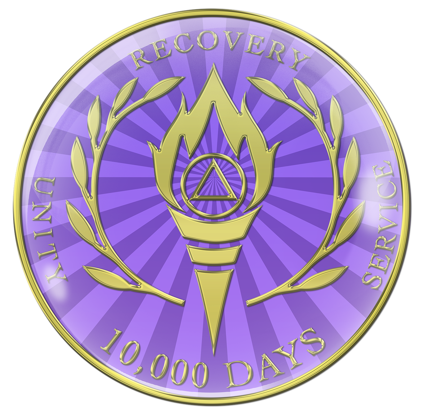 AA medallion with dark and light purple rays, a flame torch with an AA symbol in it and Greek leaves on either side, unity, service, recovery and 10,000 days surrounding it, sealed with resin for a glossy finish.