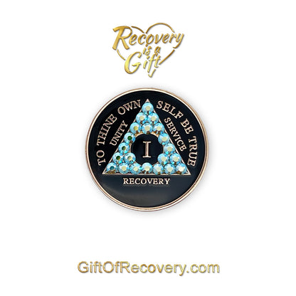 AA Recovery Medallion - Peridot Aurora Borealis Bling Crystallized on Black