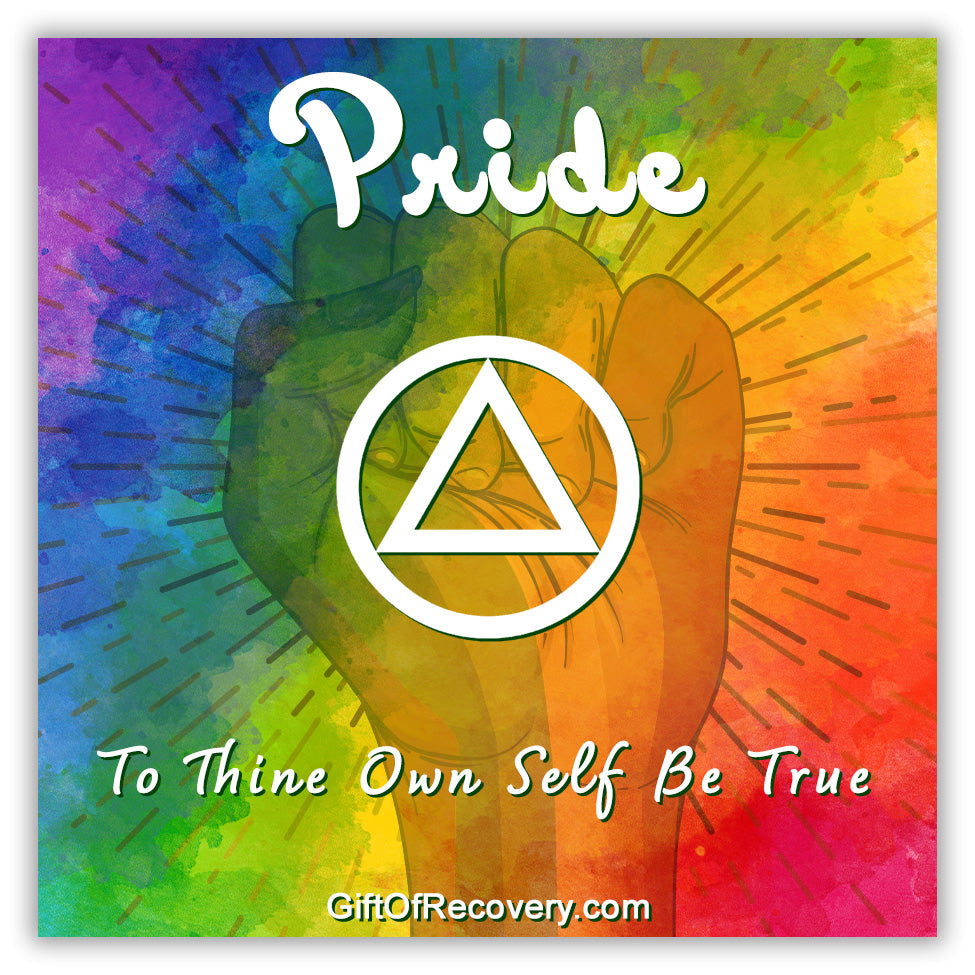 Bold tie-dye 3x3 card with a silhouette of a fist, pride at the top, circle triangle in the middle, and to thine own self be true on the bottom, all in bold white.