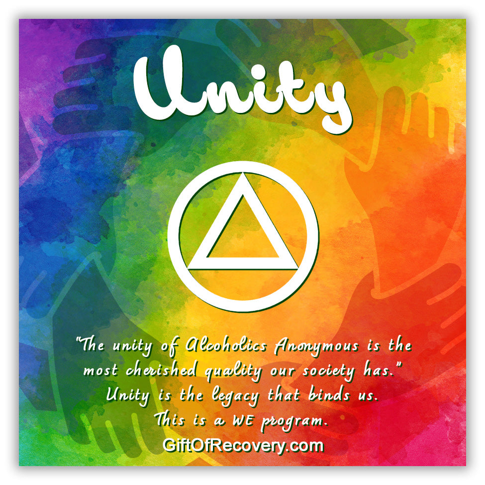 Tie-dye bold 3x3 card with silhouettes of hands joined in a circle to symbolize unity, the legacy that binds us, unity at the top, circle triangle in the middle and a description paragraph about unity at the bottom, all in bold white.