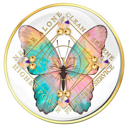 Clean Time Medallion White with Colorful Butterfly and Gold CZ Crystals
