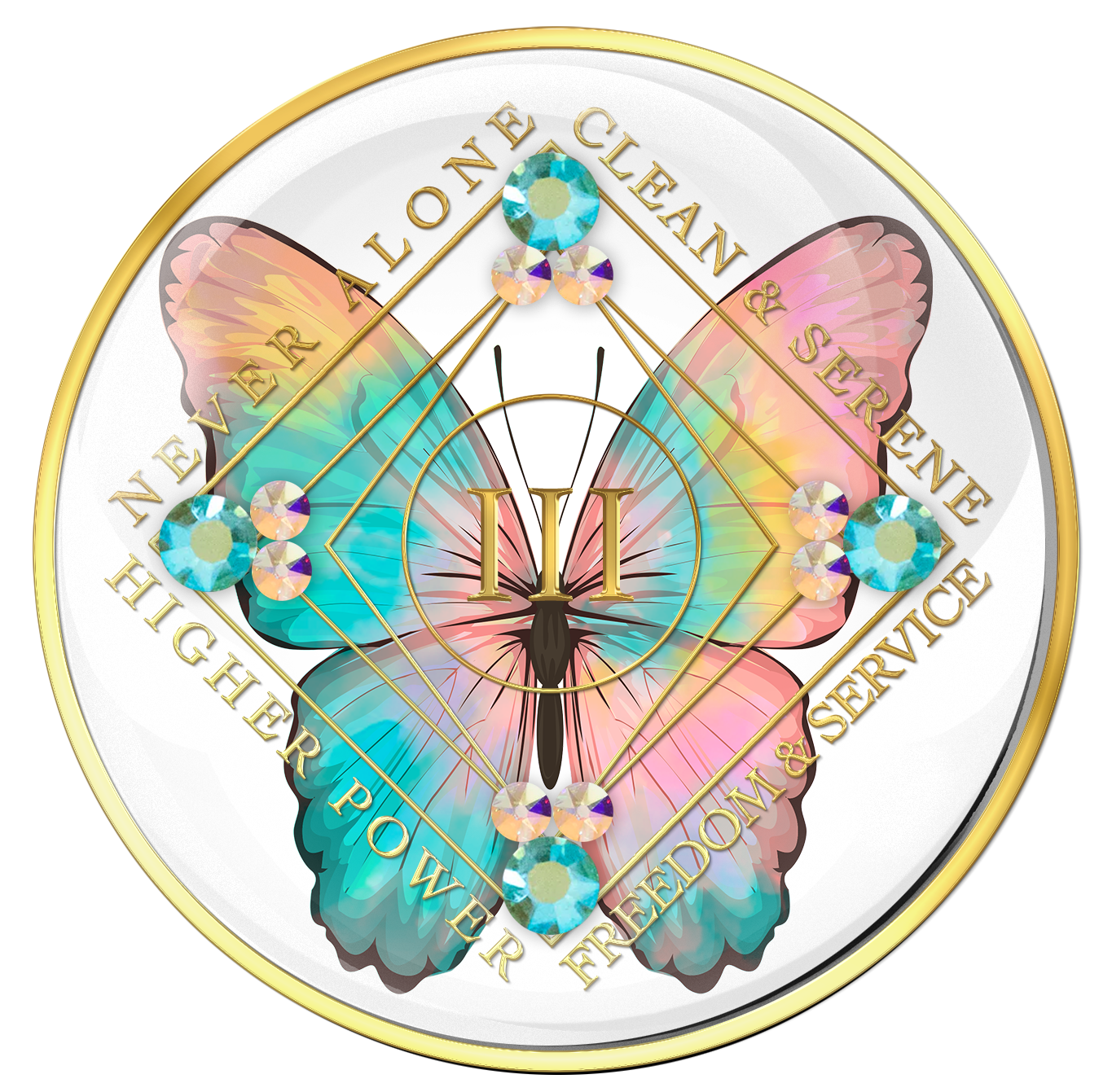 Clean Time Medallion White with Colorful Butterfly and Peridot CZ Crystals
