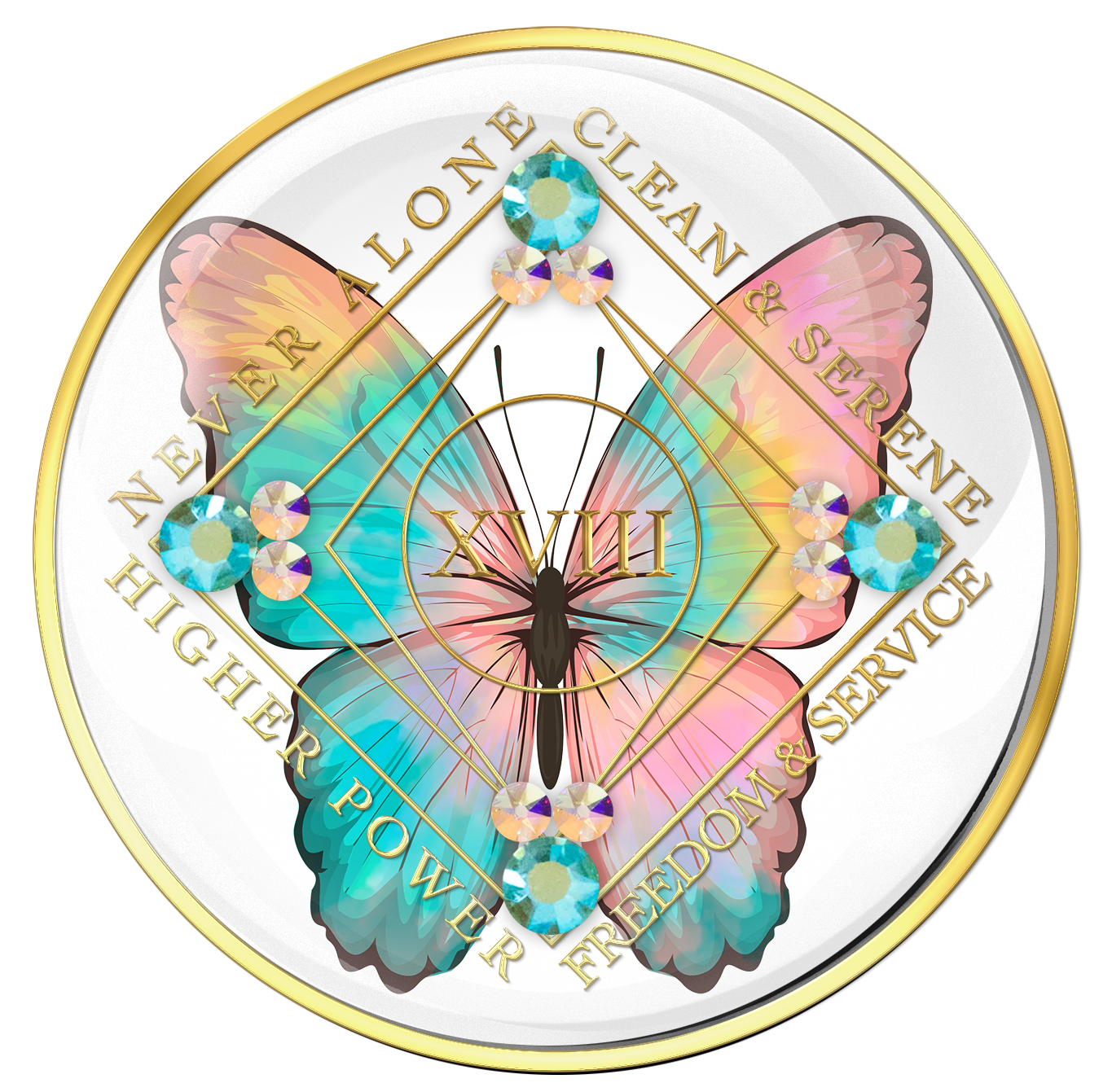 Clean Time Medallion White with Colorful Butterfly and Peridot CZ Crystals