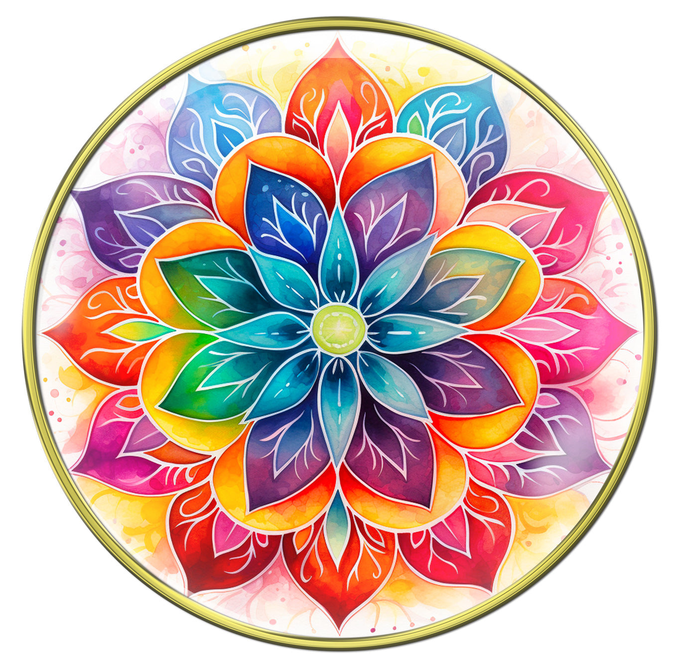 Lotus blossom recovery medallion with vibrant colors of blue, pink, purple, red, and yellow in each pedal of the flower, a symbol of breaking free of our addictions.