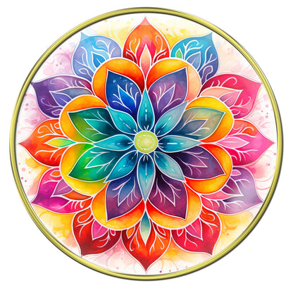 Lotus blossom recovery medallion with vibrant colors of blue, pink, purple, red, and yellow in each pedal of the flower, a symbol of breaking free of our addictions.