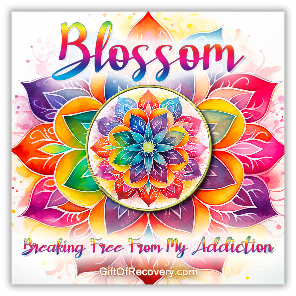 Lotus blossom recovery medallion with vibrant colors of blue, pink, purple, red, and yellow in each pedal of the flower, a symbol of breaking free of our addictions, pictured on a 3x3 card that matches the medallion.