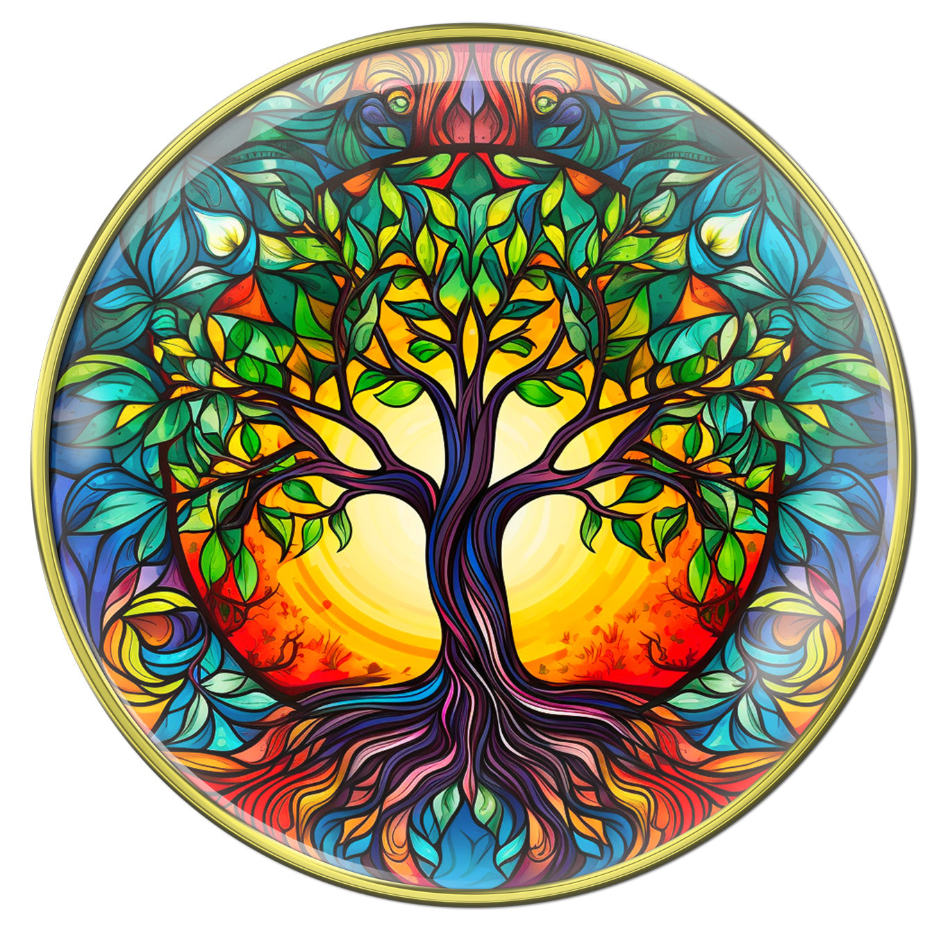 Tree of life AA medallion, this vibrant colored tree with branches that reach the edges of the recovery medallion with an outer blue shade to seem like it's reached to the sky, is a symbol of growing along spiritual lines one day at a time and to build strong roots in recovery.