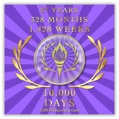 AA medallion with dark and light purple rays, a flame torch with an AA symbol in it and Greek leaves on either side, unity, service, recovery and 10,000 days surrounding it, sealed with resin for a glossy finish, featured on a recovery is a gift 3x3 card that replicates the medallion.